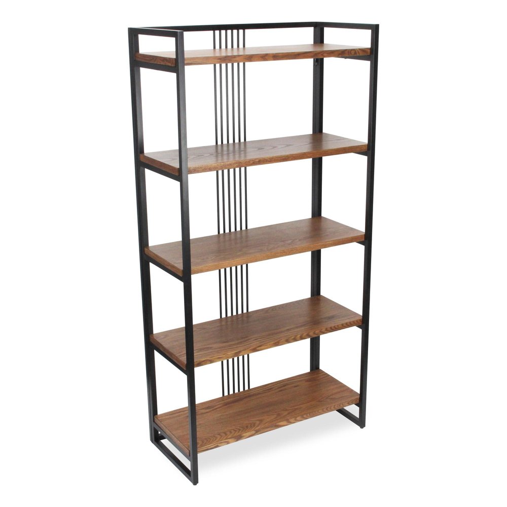 60" Brown Distressed Metal And Wood Five Tier Etagere Bookcase — view 2