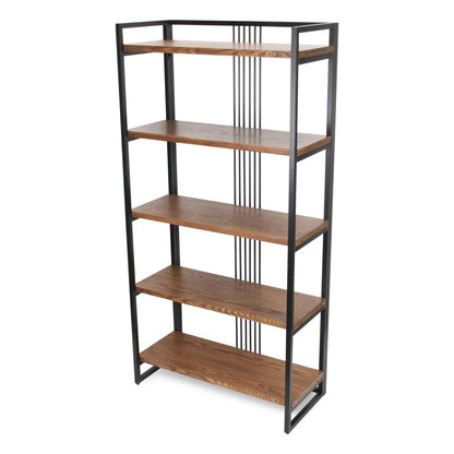 60" Brown Distressed Steel And Wood Five Tier Etagere Bookcase
