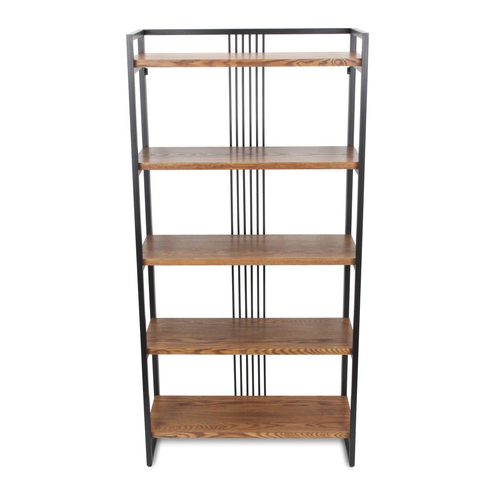 60" Brown Distressed Metal And Wood Five Tier Etagere Bookcase — view 3