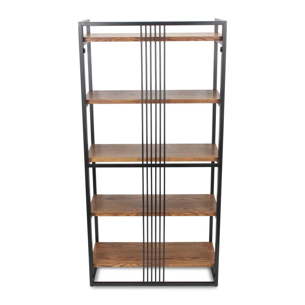 60" Brown Distressed Steel And Wood Five Tier Etagere Bookcase — view 5