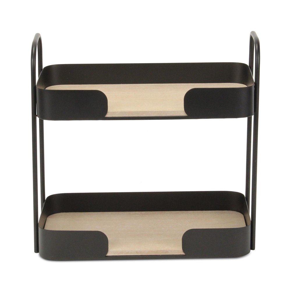 14" Brown Distressed Metal And Wood Two Tier Etagere Bookcase — view 2