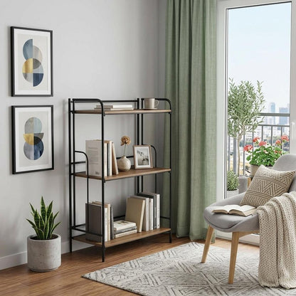 37" Brown Distressed Steel And Wood Three Tier Etagere Bookcase