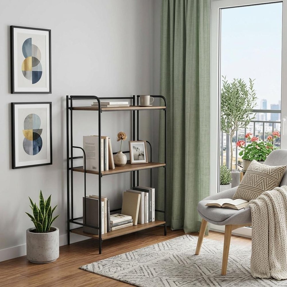 37" Brown Distressed Metal And Wood Three Tier Etagere Bookcase — view 1