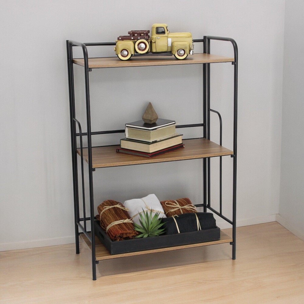 37" Brown Distressed Steel And Wood Three Tier Etagere Bookcase