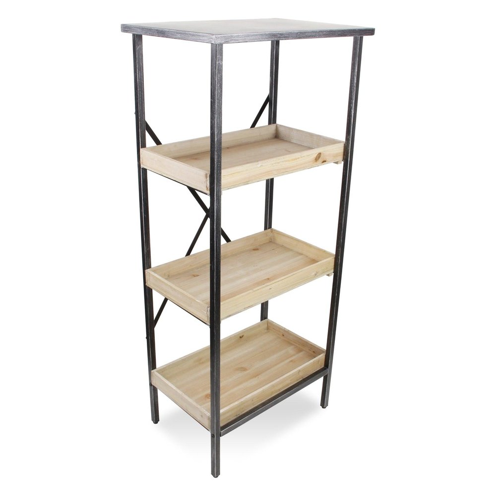 49" Black And Natural Distressed Metal And Wood Three Tier Etagere Bookcase HomeRoots
