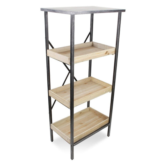 49" Black And Natural Distressed Metal And Wood Three Tier Etagere Bookcase