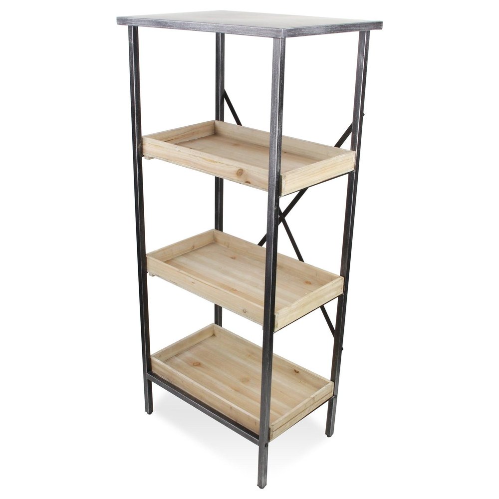 49" Black And Natural Distressed Metal And Wood Three Tier Etagere Bookcase — view 5