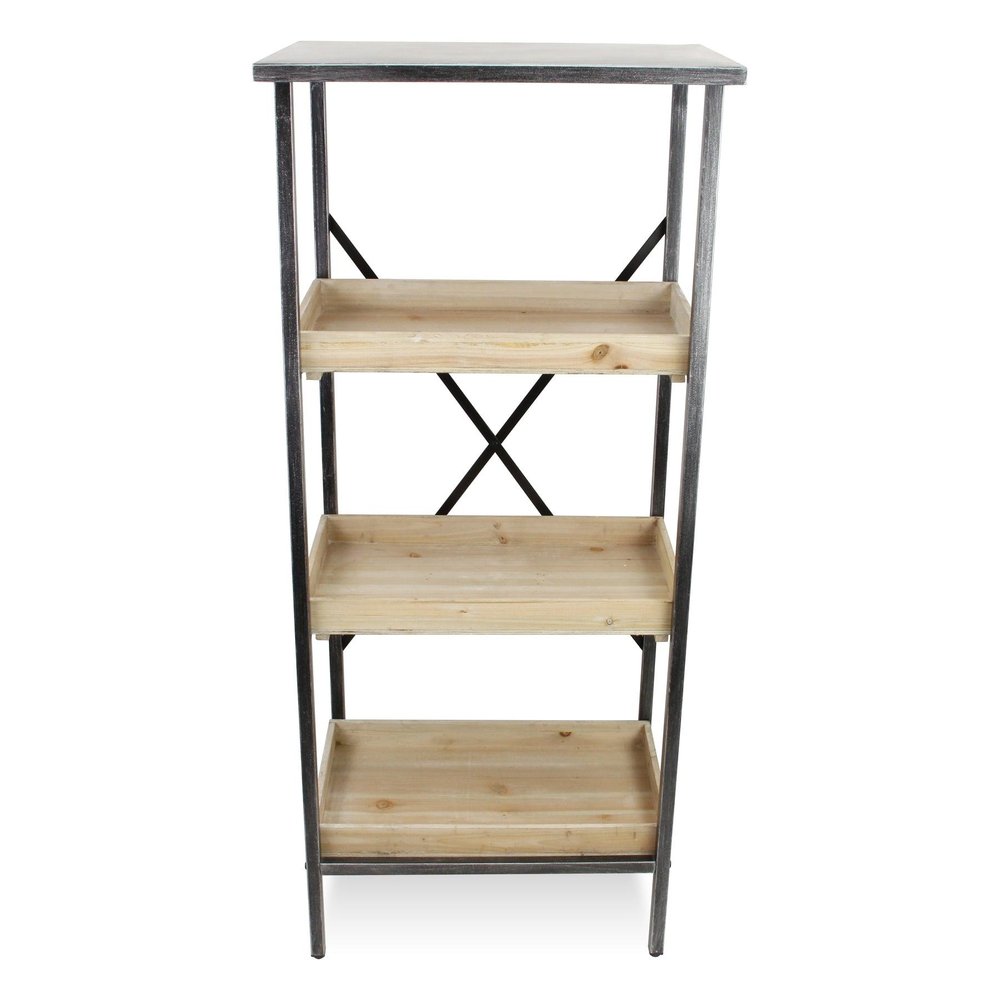 49" Black And Natural Distressed Metal And Wood Three Tier Etagere Bookcase HomeRoots