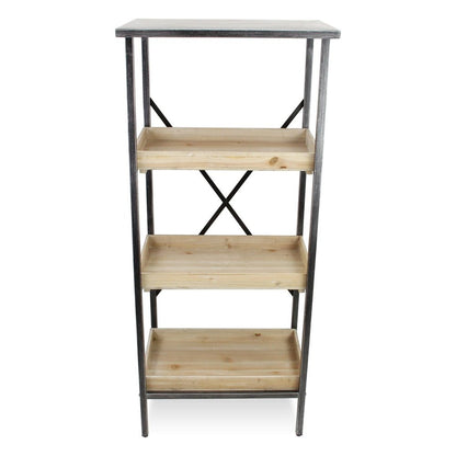 49" Black And Natural Distressed Metal And Wood Three Tier Etagere Bookcase HomeRoots