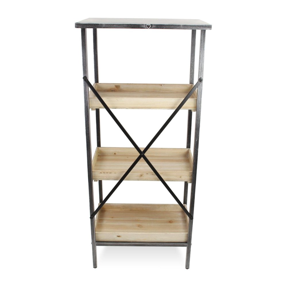 49" Black And Natural Distressed Metal And Wood Three Tier Etagere Bookcase — view 3