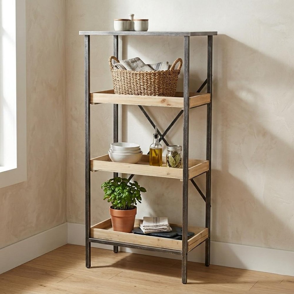 49" Black And Natural Distressed Metal And Wood Three Tier Etagere Bookcase HomeRoots