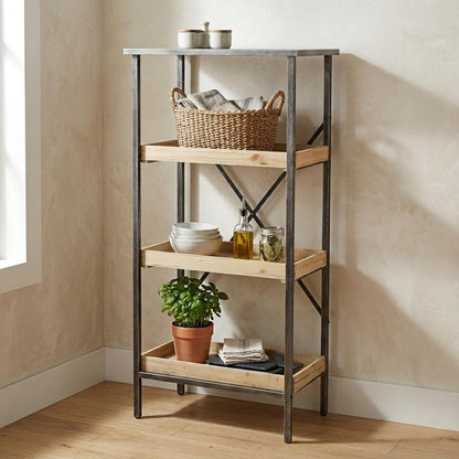 49" Black And Natural Distressed Metal And Wood Three Tier Etagere Bookcase HomeRoots