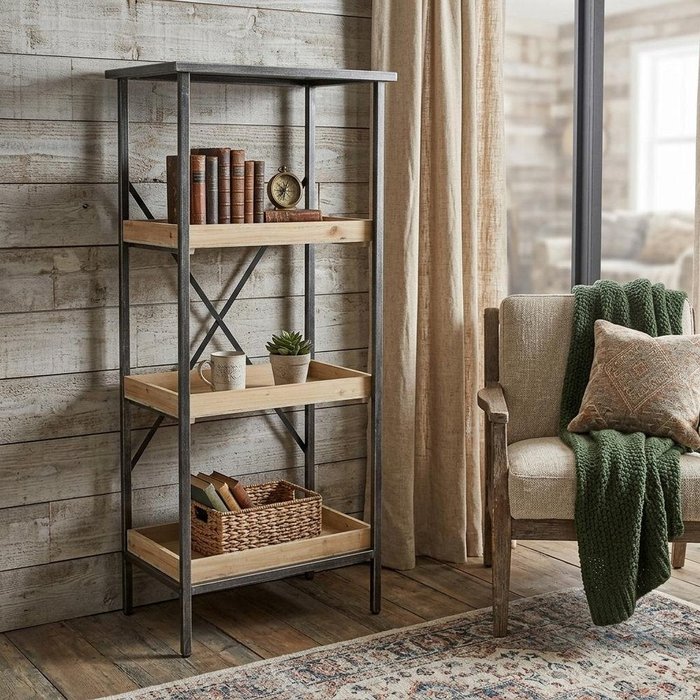 49" Black And Natural Distressed Metal And Wood Three Tier Etagere Bookcase HomeRoots