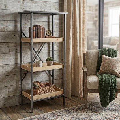 49" Black And Natural Distressed Metal And Wood Three Tier Etagere Bookcase HomeRoots