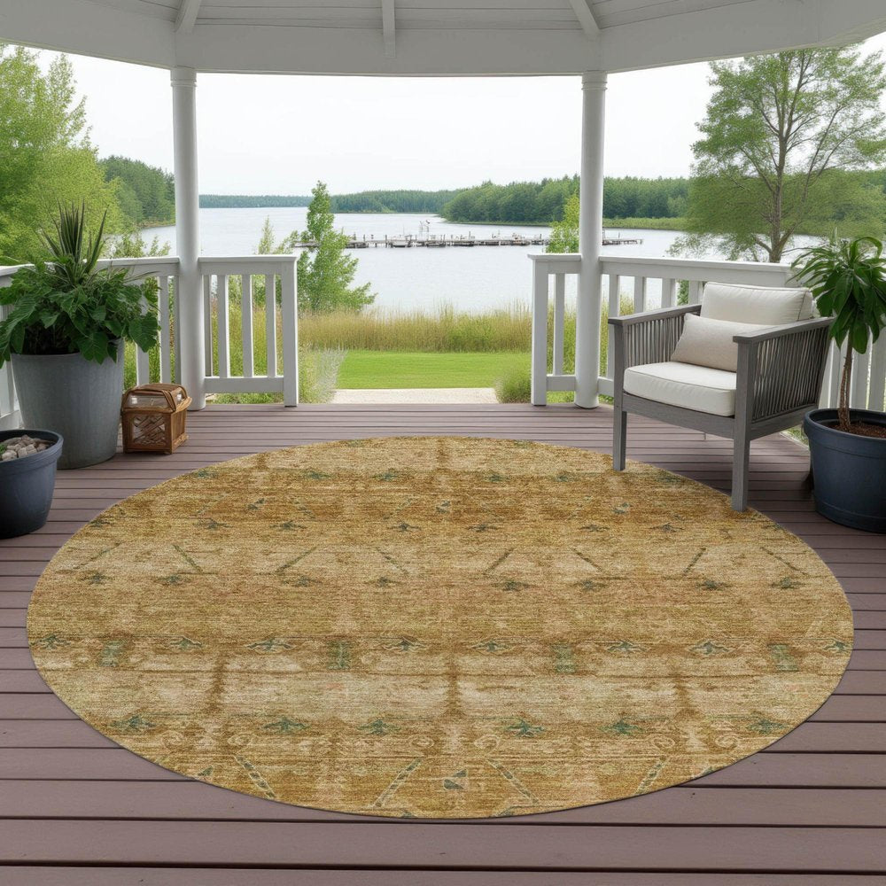 8' Copper And Orange Round Tribal Washable Indoor Outdoor Area Rug — view 3