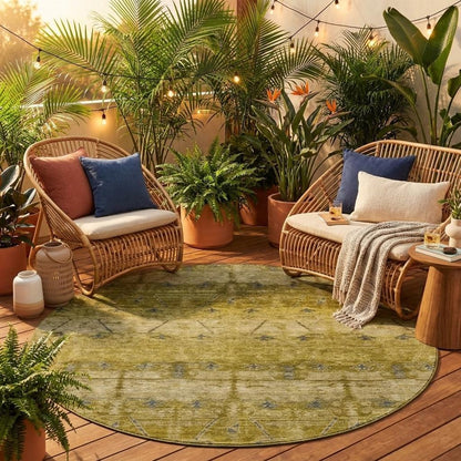 8' Gold And Brown Round Tribal Washable Indoor Outdoor Area Rug HomeRoots