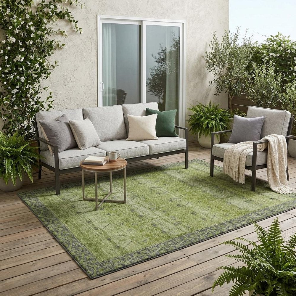 5' X 8' Olive Green And Green Tribal Washable Indoor Outdoor Area Rug HomeRoots