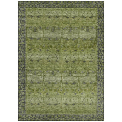 5' X 8' Olive Green And Green Tribal Washable Indoor Outdoor Area Rug