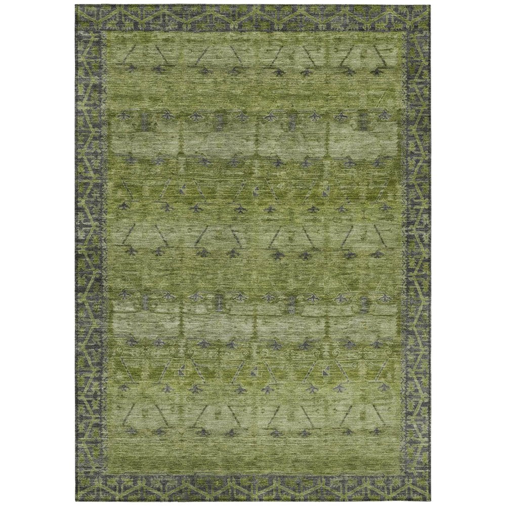 5' X 8' Olive Green And Green Tribal Washable Indoor Outdoor Area Rug — view 1