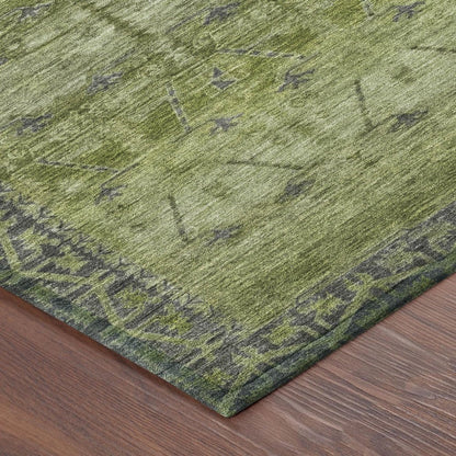 5' X 8' Olive Green And Green Tribal Washable Indoor Outdoor Area Rug