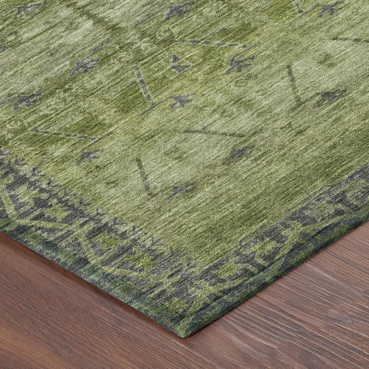 5' X 8' Olive Green And Green Tribal Washable Indoor Outdoor Area Rug