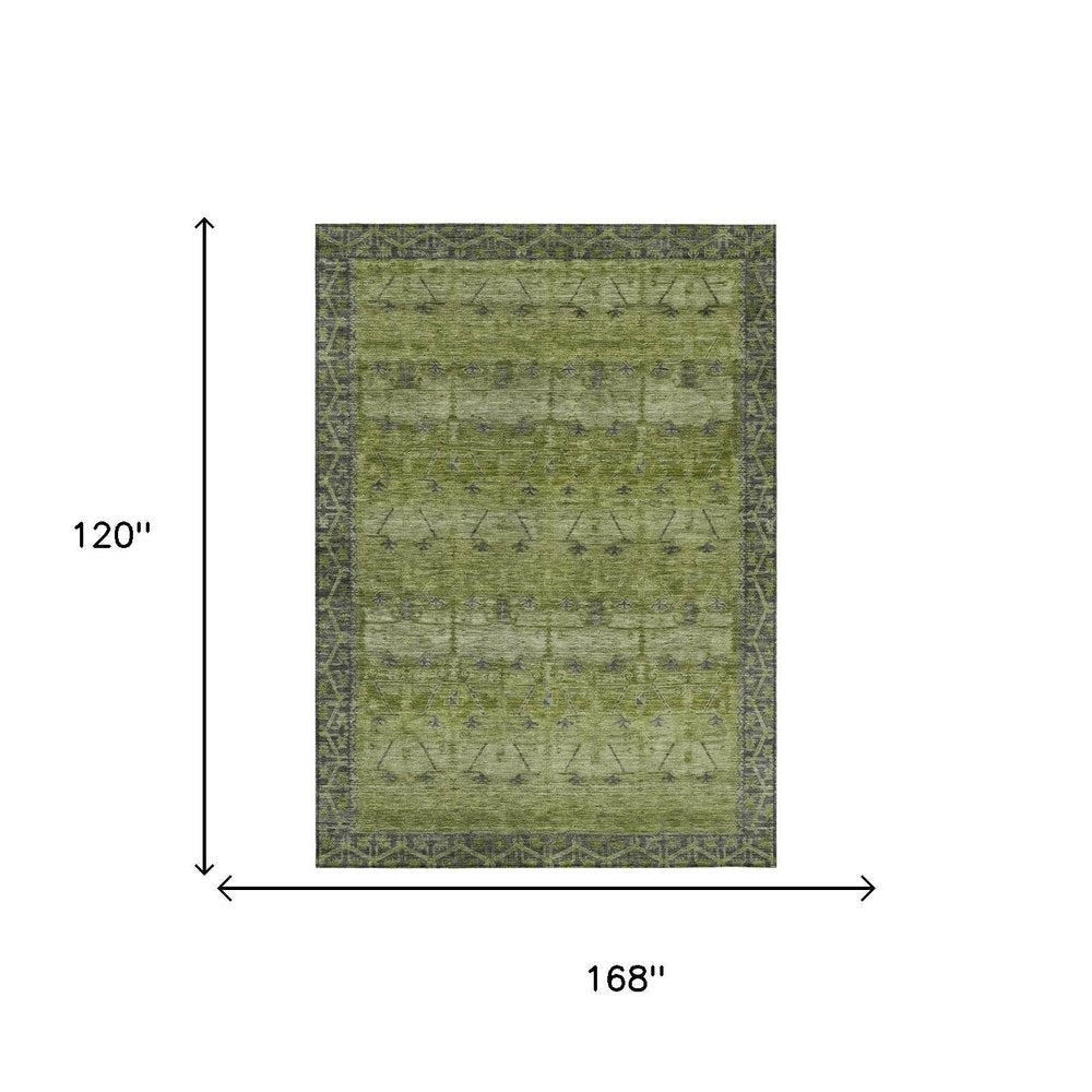 10' X 14' Olive Green And Green Tribal Washable Indoor Outdoor Area Rug — view 4