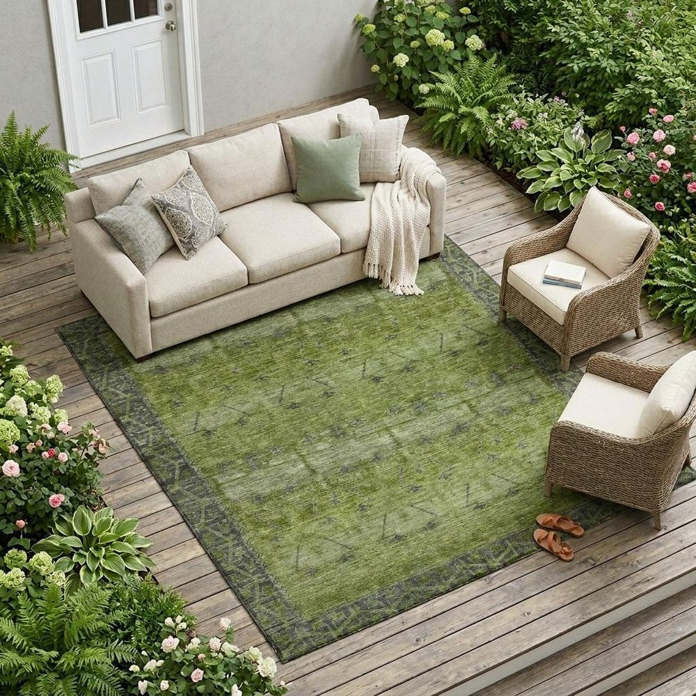 10' X 14' Olive Green And Green Tribal Washable Indoor Outdoor Area Rug — view 5