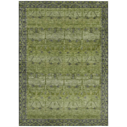 10' X 14' Olive Green And Green Tribal Washable Indoor Outdoor Area Rug