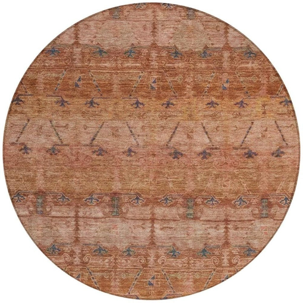 8' Orange And Rust Round Tribal Washable Indoor Outdoor Area Rug — view 6