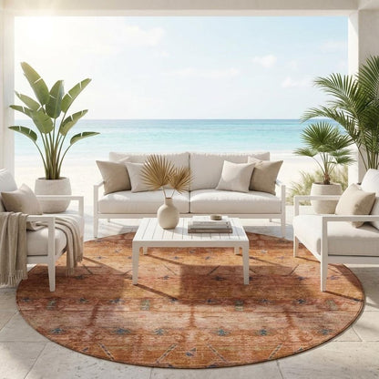 8' Orange And Rust Round Tribal Washable Indoor Outdoor Area Rug HomeRoots