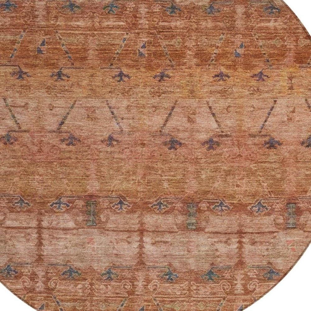 8' Orange And Rust Round Tribal Washable Indoor Outdoor Area Rug — view 5