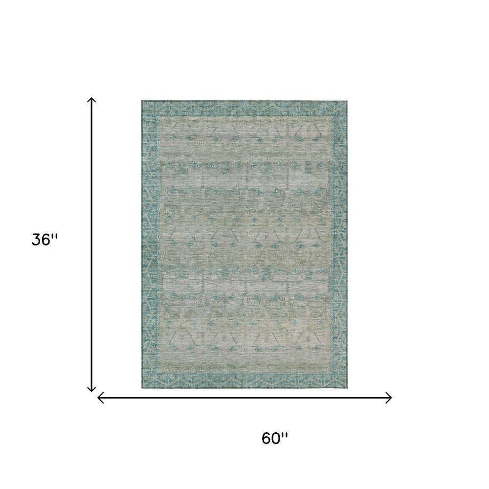 3' X 5' Teal Blue And Pewter Tribal Washable Indoor Outdoor Area Rug HomeRoots