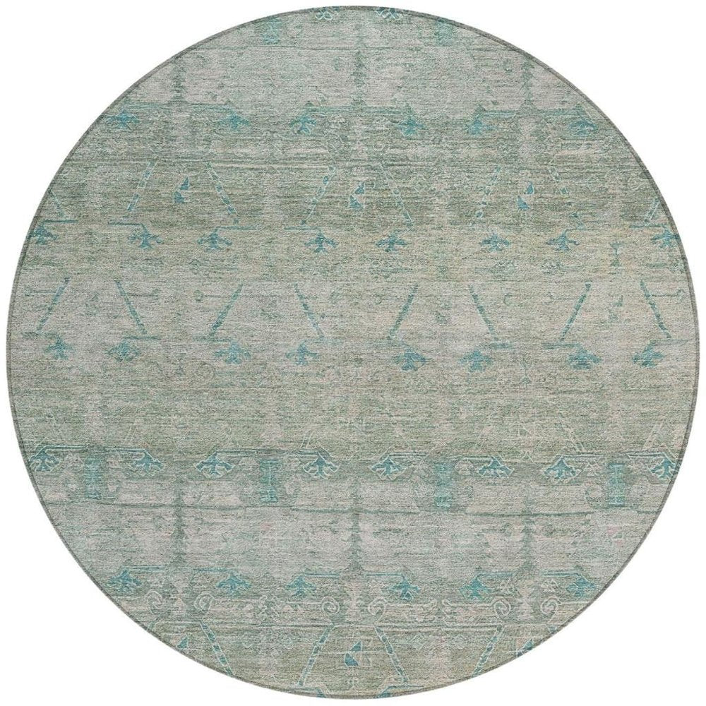 8' Teal Blue And Pewter Round Tribal Washable Indoor Outdoor Area Rug HomeRoots