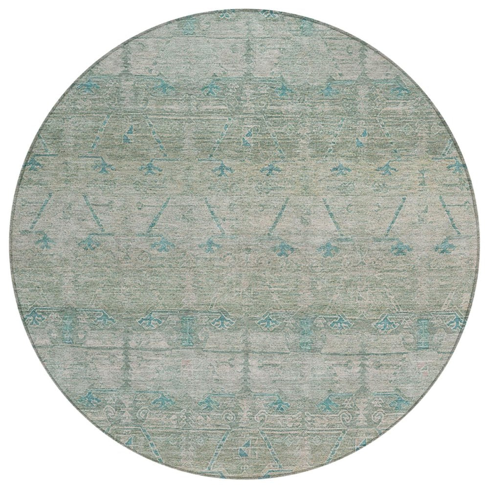 8' Teal Blue And Pewter Round Tribal Washable Indoor Outdoor Area Rug — view 1