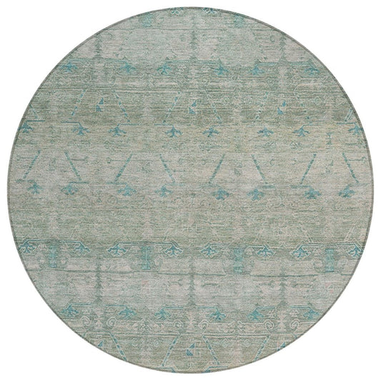 8' Teal Blue And Pewter Round Tribal Washable Indoor Outdoor Area Rug