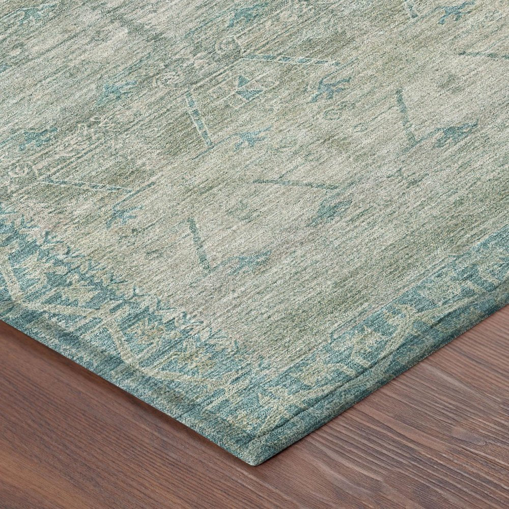 8' Teal Blue And Pewter Round Tribal Washable Indoor Outdoor Area Rug — view 2