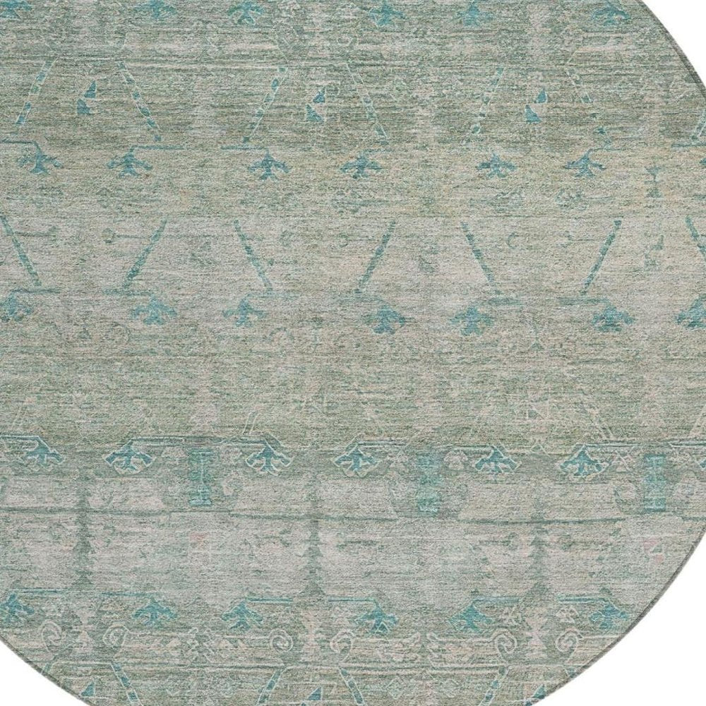 8' Teal Blue And Pewter Round Tribal Washable Indoor Outdoor Area Rug — view 5