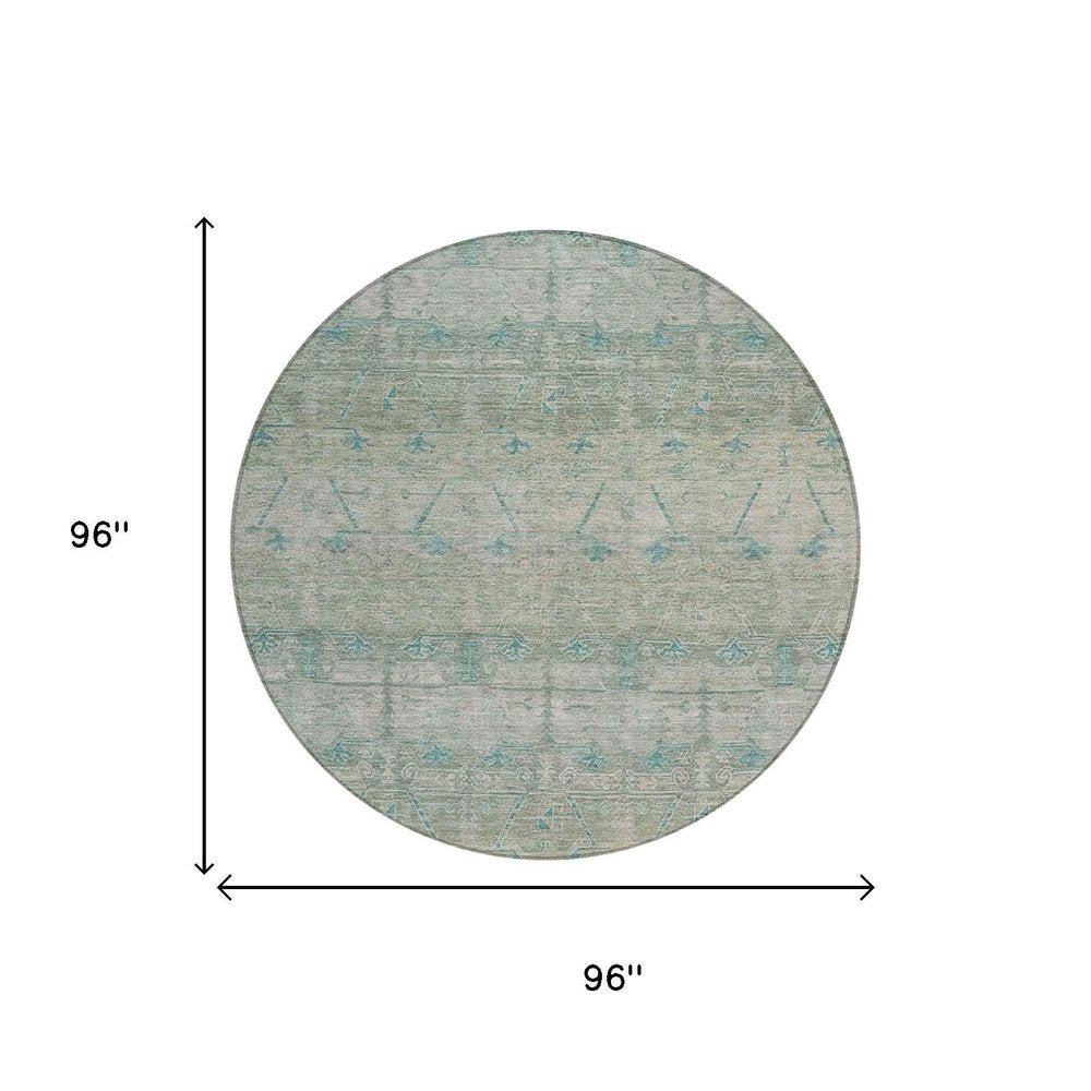 8' Teal Blue And Pewter Round Tribal Washable Indoor Outdoor Area Rug HomeRoots