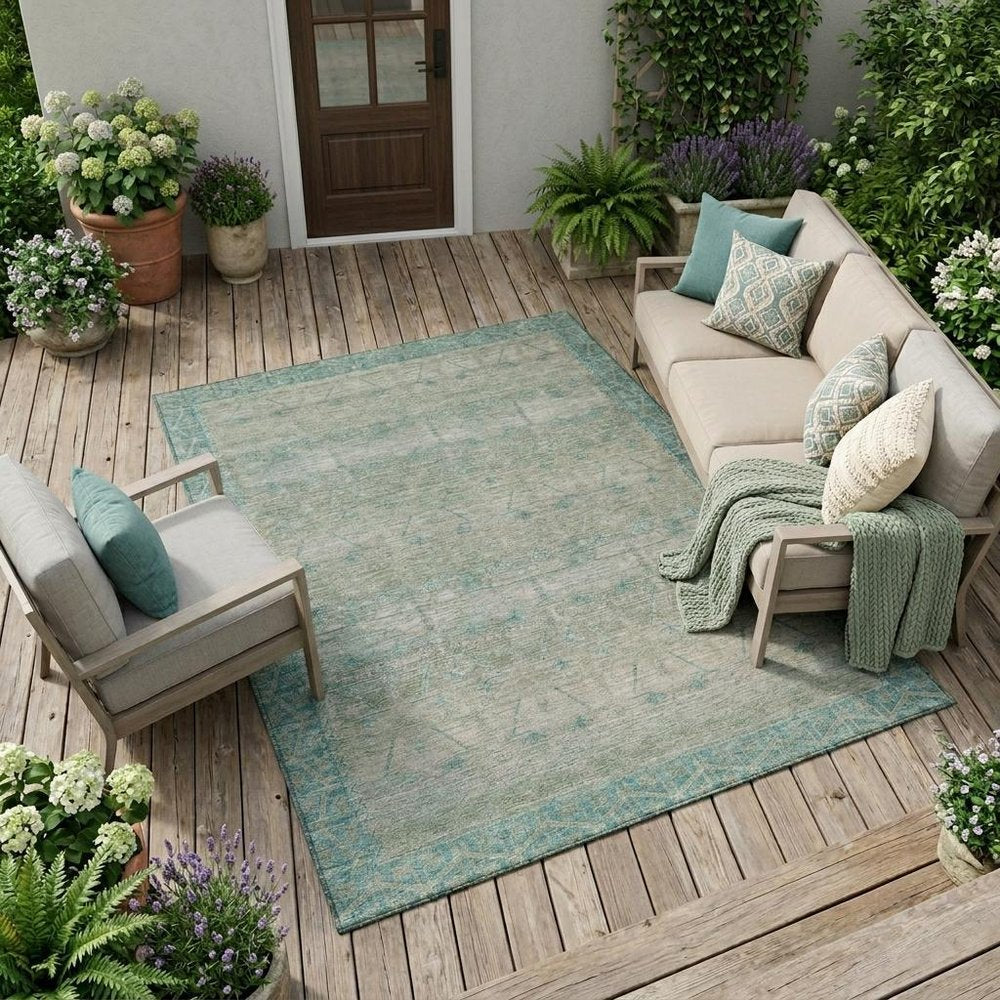 8' X 10' Teal Blue And Pewter Tribal Washable Indoor Outdoor Area Rug HomeRoots