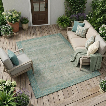 8' X 10' Teal Blue And Pewter Tribal Washable Indoor Outdoor Area Rug HomeRoots