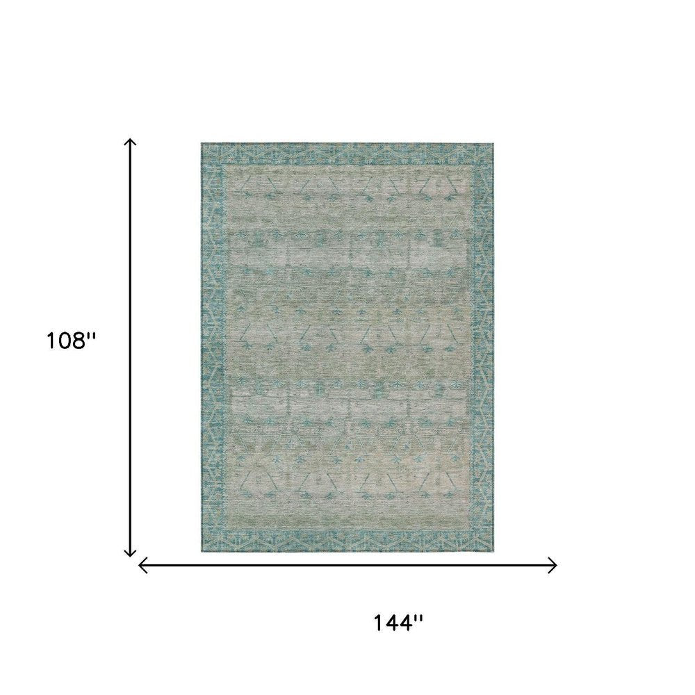 9' X 12' Teal Blue And Pewter Tribal Washable Indoor Outdoor Area Rug HomeRoots