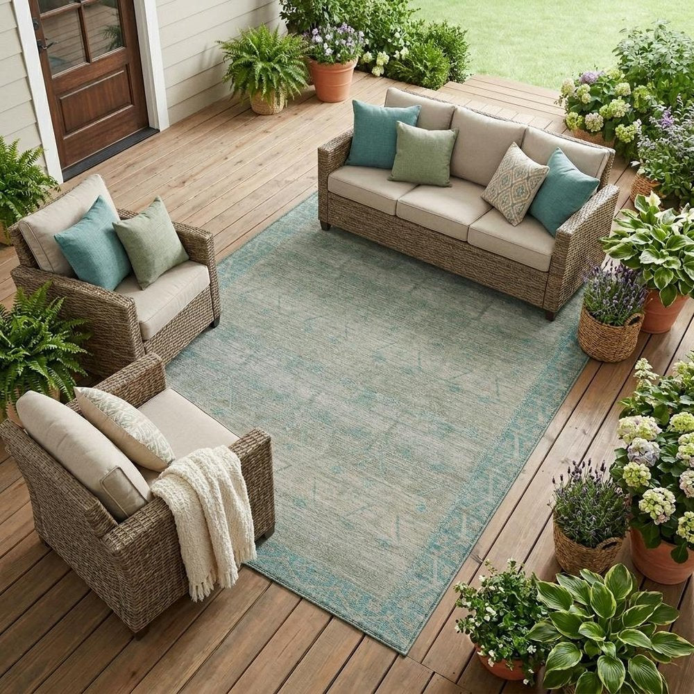 9' X 12' Teal Blue And Pewter Tribal Washable Indoor Outdoor Area Rug — view 5