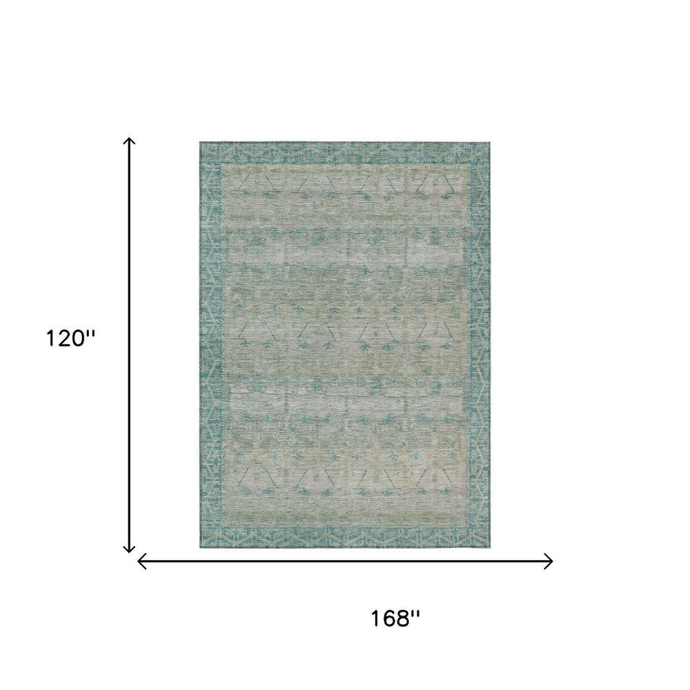 10' X 14' Teal Blue And Pewter Tribal Washable Indoor Outdoor Area Rug HomeRoots