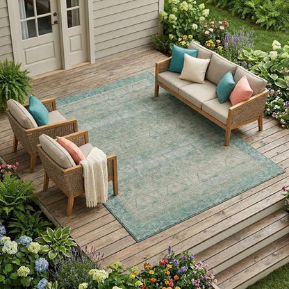 10' X 14' Teal Blue And Pewter Tribal Washable Indoor Outdoor Area Rug HomeRoots