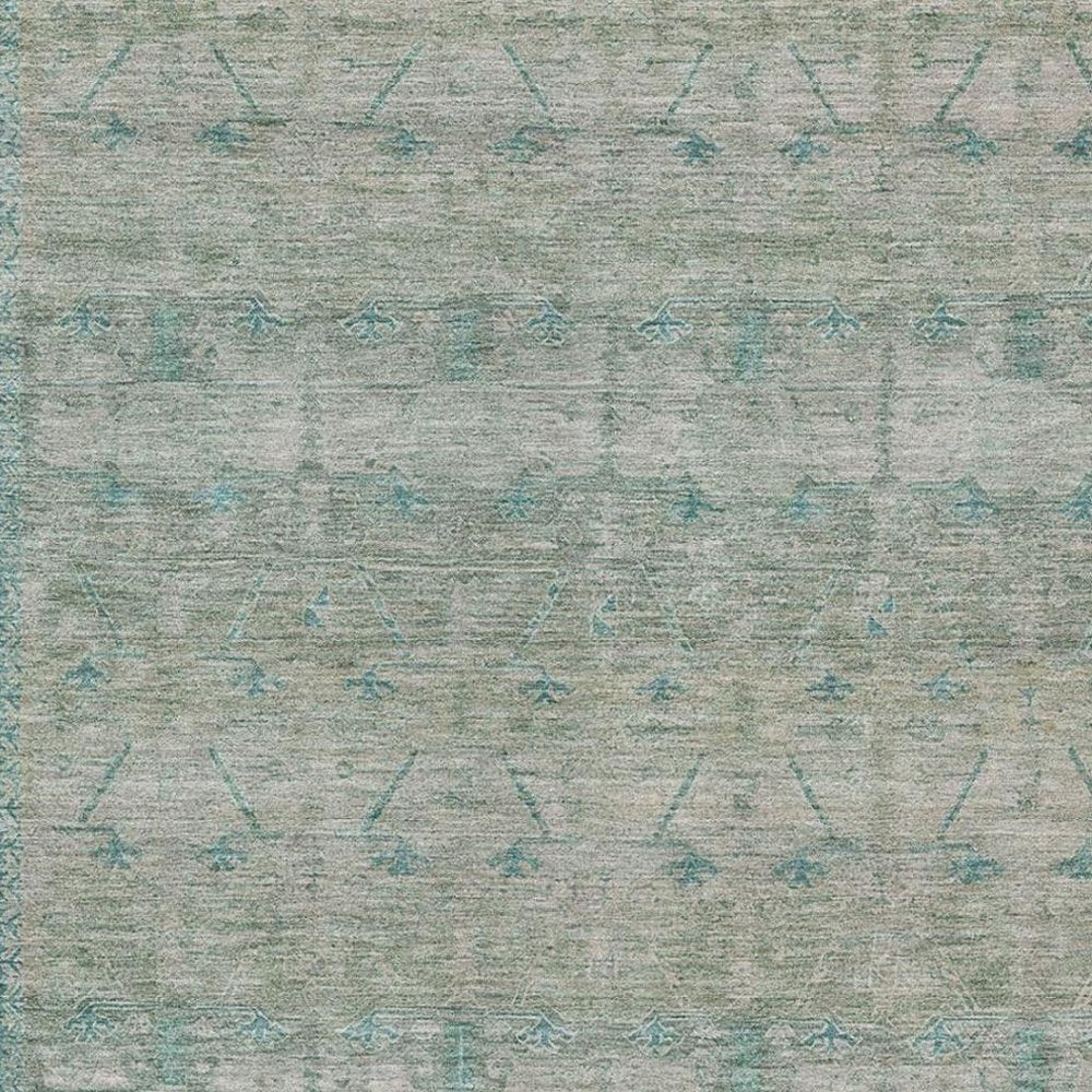 10' X 14' Teal Blue And Pewter Tribal Washable Indoor Outdoor Area Rug — view 6