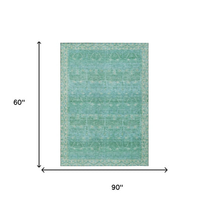5' X 8' Green And Teal Blue Tribal Washable Indoor Outdoor Area Rug HomeRoots