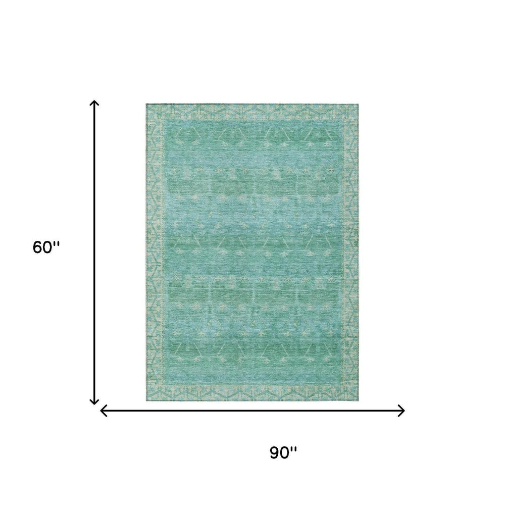 5' X 8' Green And Teal Blue Tribal Washable Indoor Outdoor Area Rug — view 5