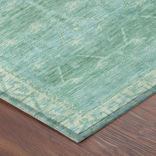 5' X 8' Green And Teal Blue Tribal Washable Indoor Outdoor Area Rug