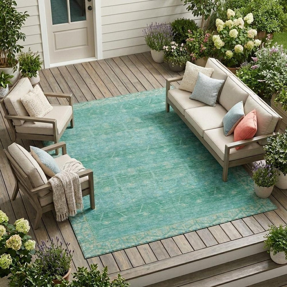 8' X 10' Green And Teal Blue Tribal Washable Indoor Outdoor Area Rug HomeRoots