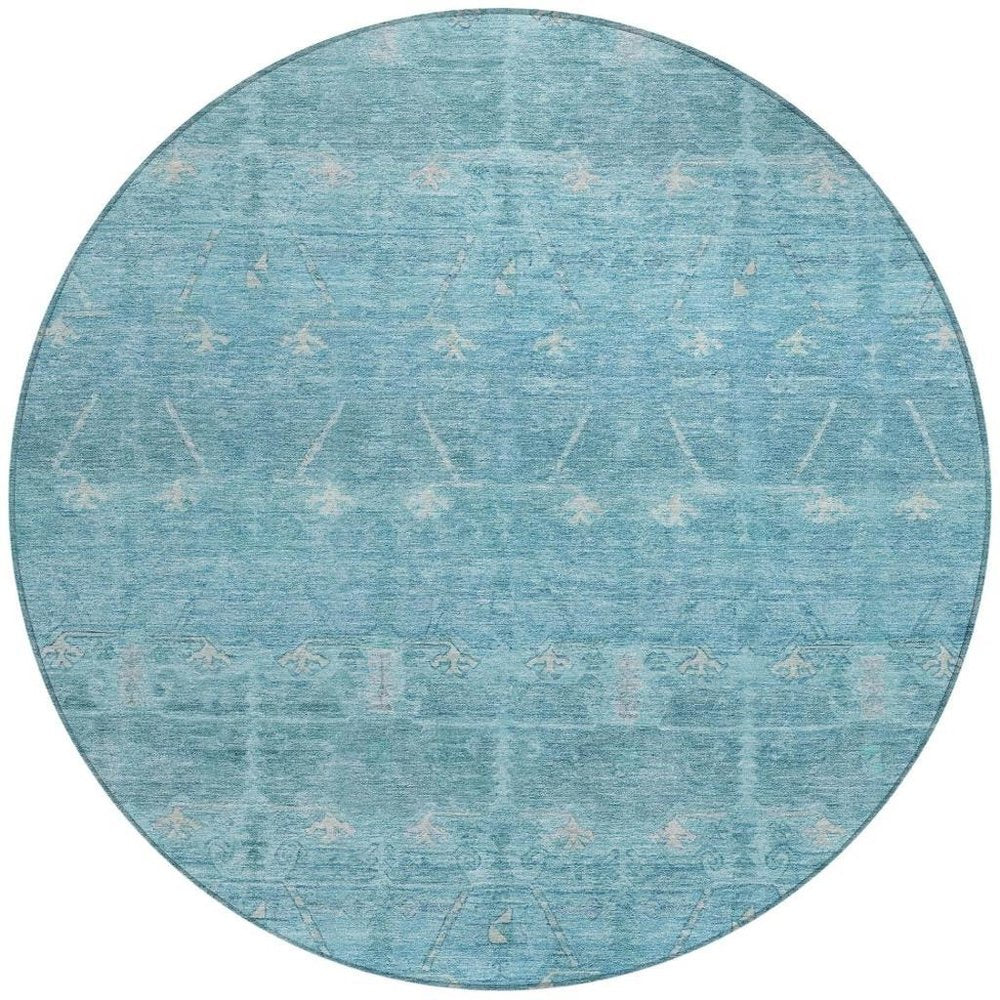 8' Blue And Teal Blue Round Tribal Washable Indoor Outdoor Area Rug HomeRoots